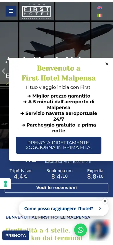 La prima schermata della home di oggi sul telefono, dopo aver rifiutato i cookie: un riquadro di benvenuto copre la pagina, sotto la chat e i tasti fluttuanti
